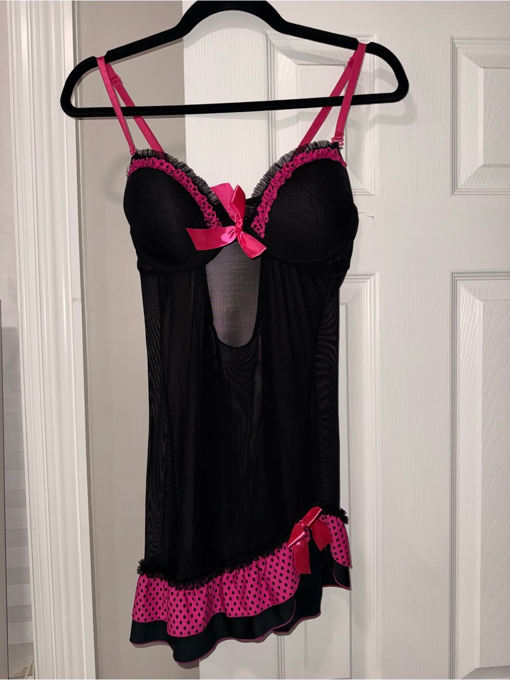 Black & Hot Pink Sheer Babydoll Chemise with Polka Dot Trim